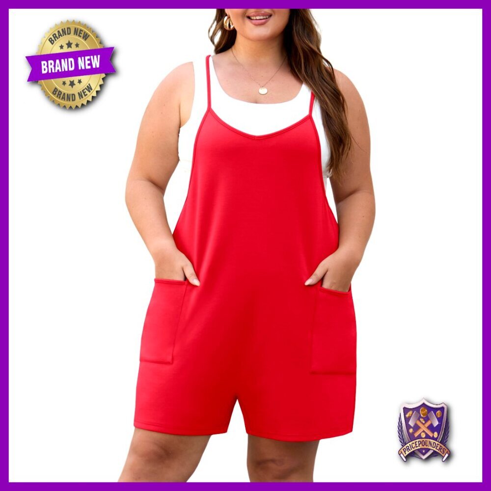 Plus Size Summer Romper Adjustable Straps Pockets Sleeveless Casual Jumpsuit